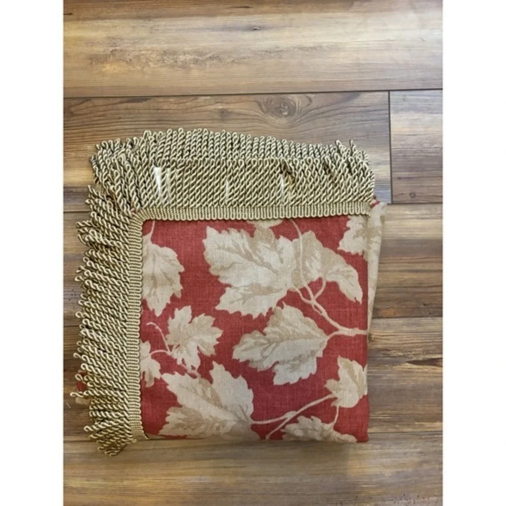 Custom Upholstered Square Table Cover Fringed Lined Leaf Pattern Maroon Tan